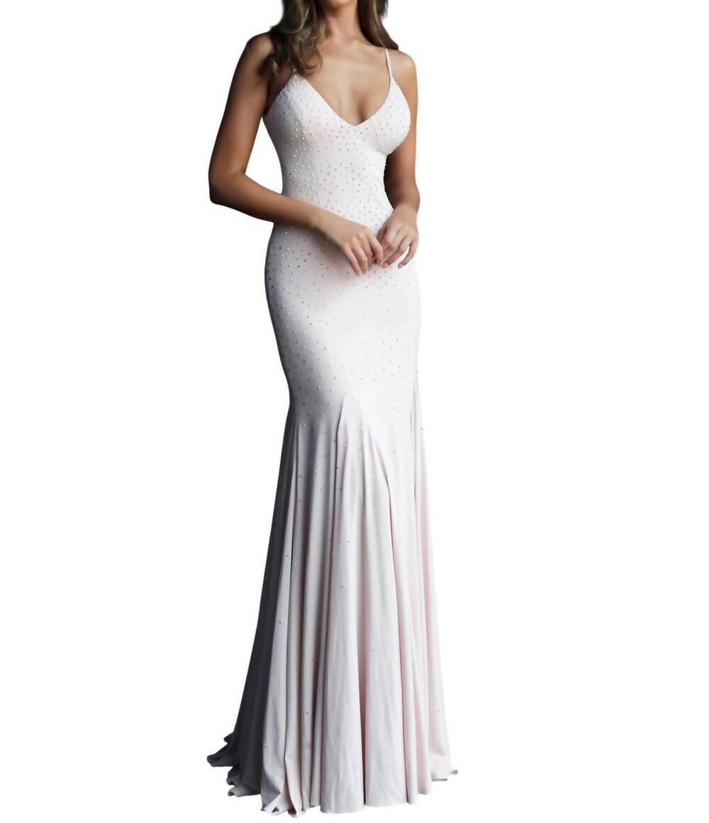 NEW JOVANI backless embellished jersey dress in blush
